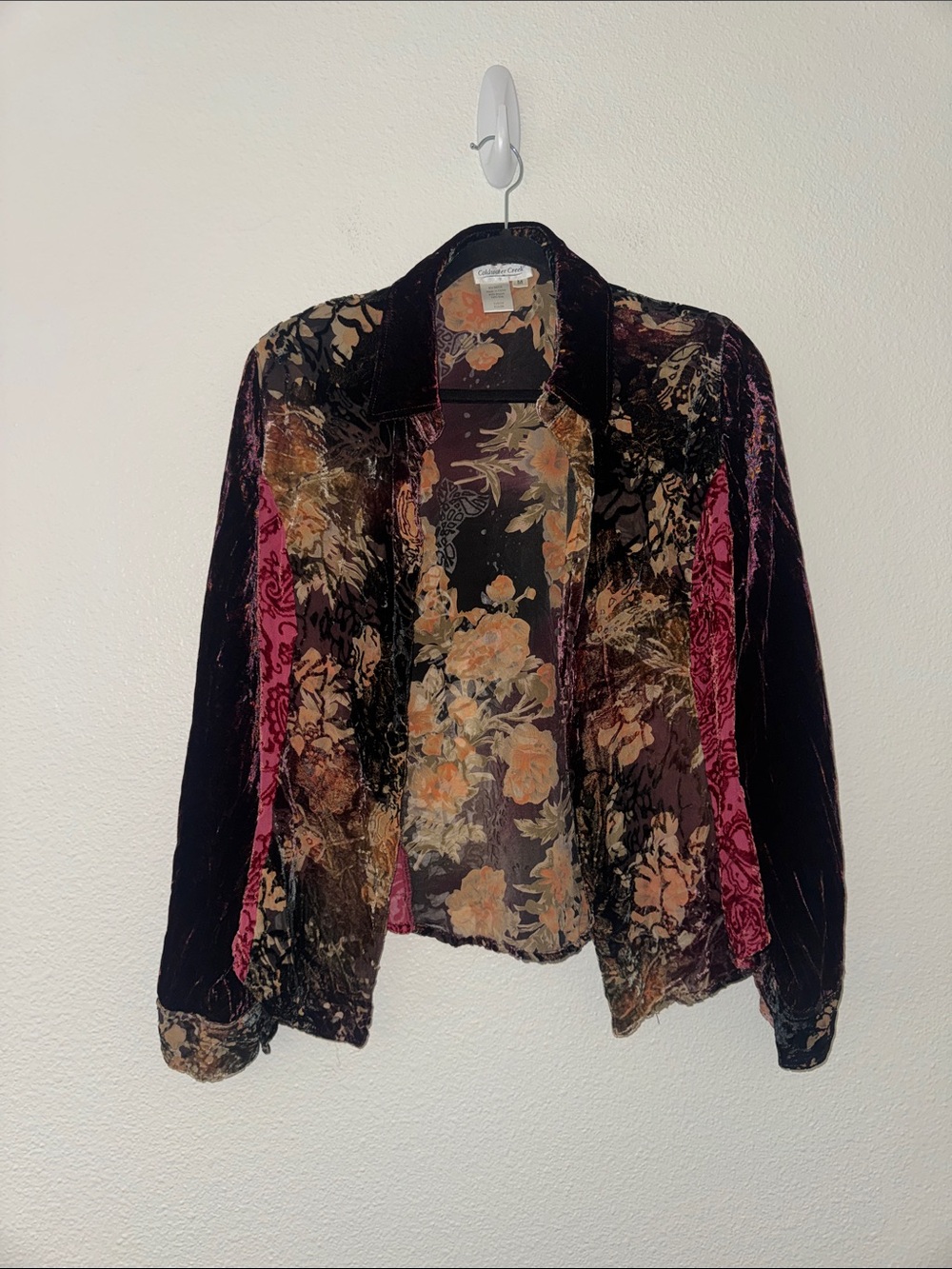 Coldwater Creek Burgundy Crushed Velvet Floral Button Up Long Sleeve Sheer M